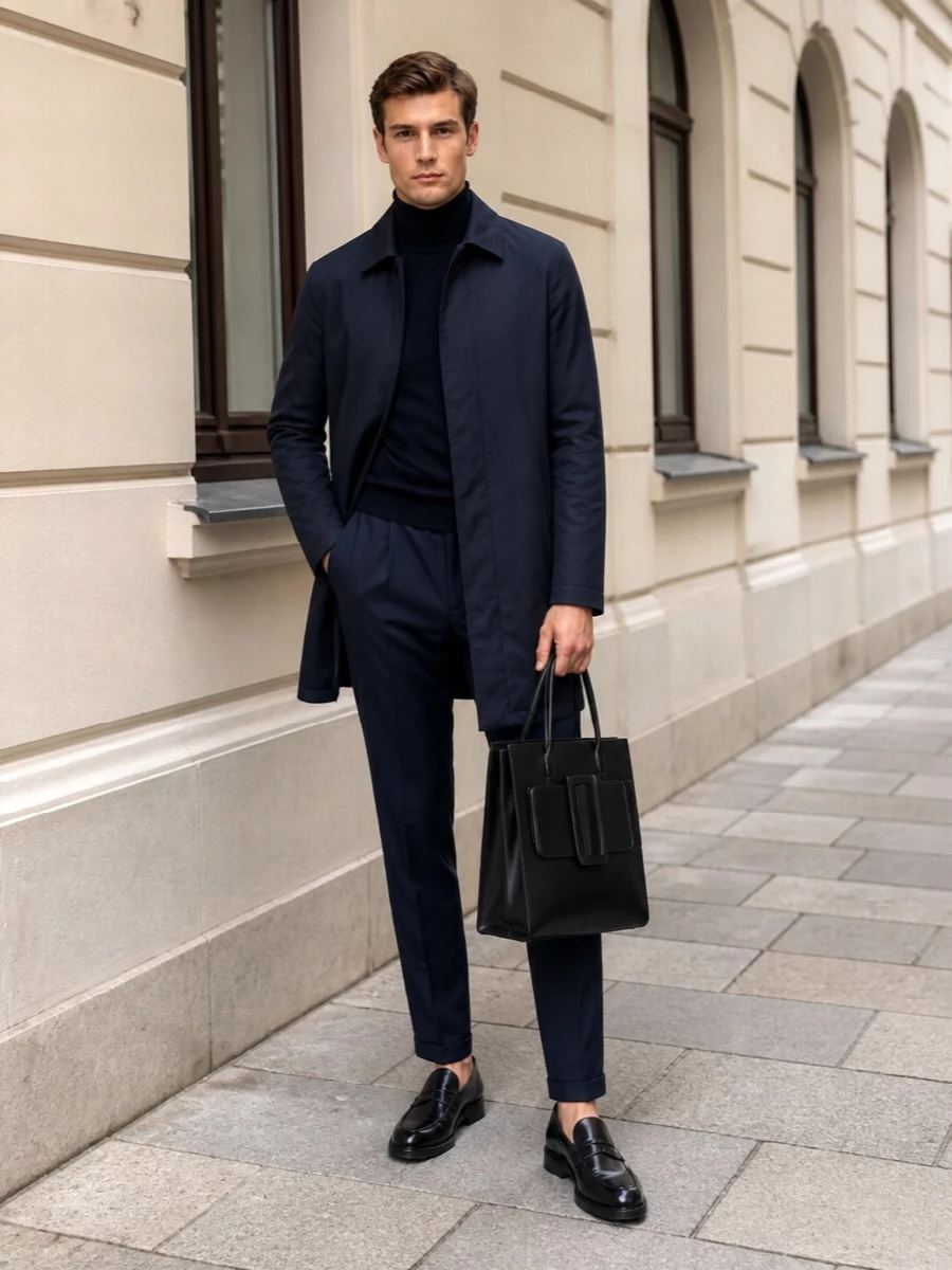 Paul smith navy coat turtleneck loafers outfit