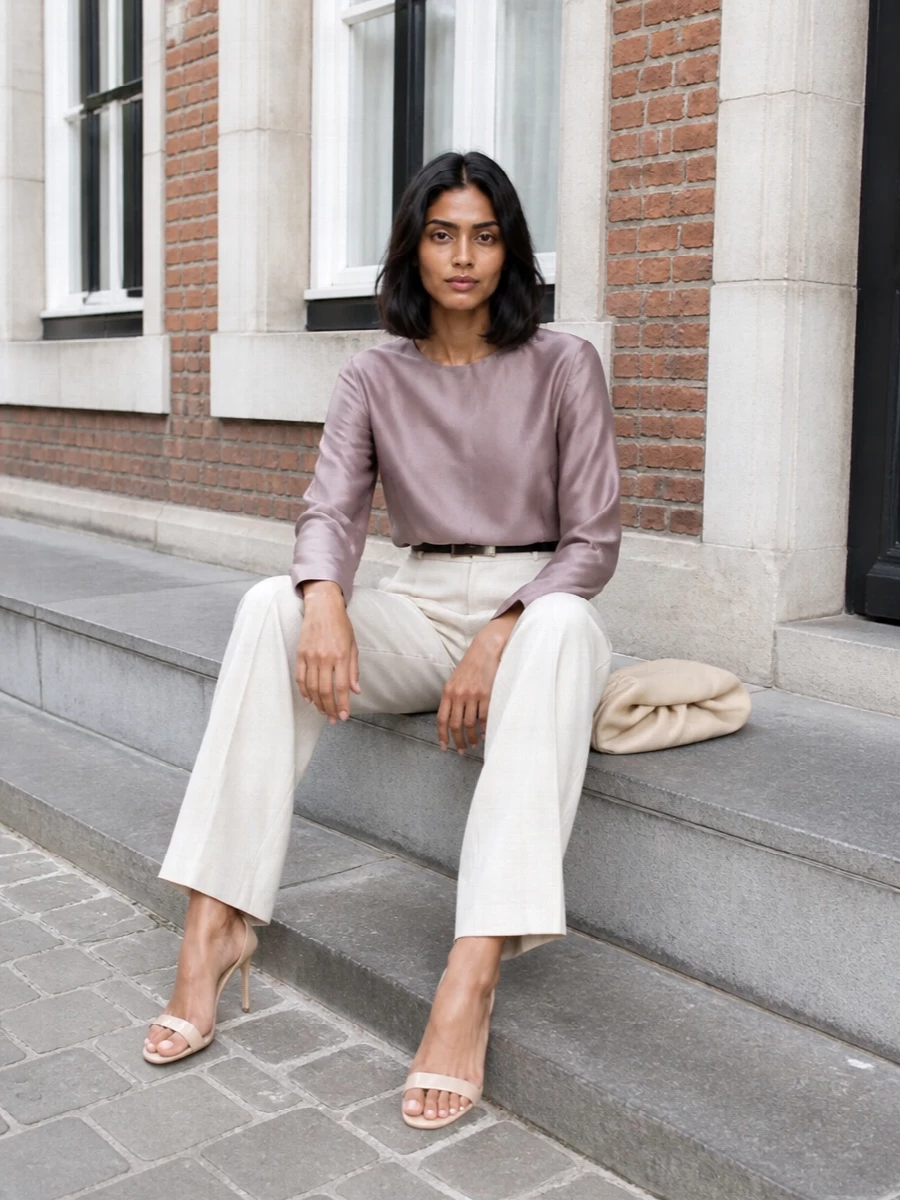 Loulou studio mauve top ivory tailored trousers