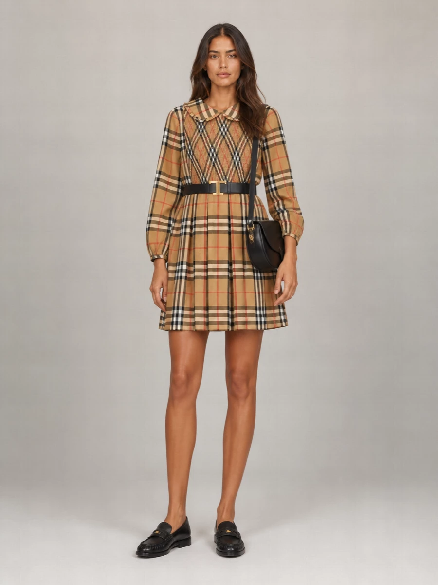Burberry Cotton Poplin Ruffled Collar Smocked Pleated Long-Sleeve Knee-Length Dress