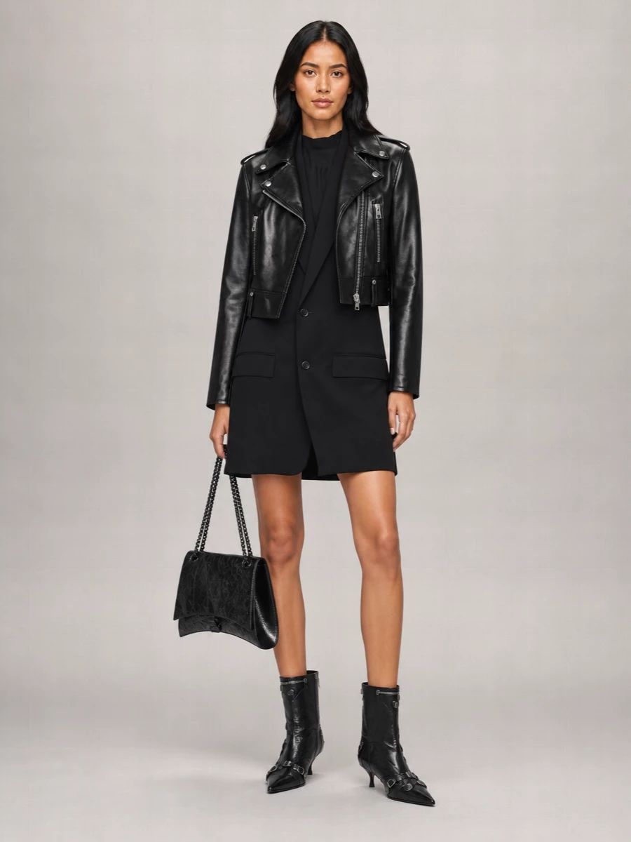 Balenciaga Lamb Leather Cropped Asymmetric Biker Jacket