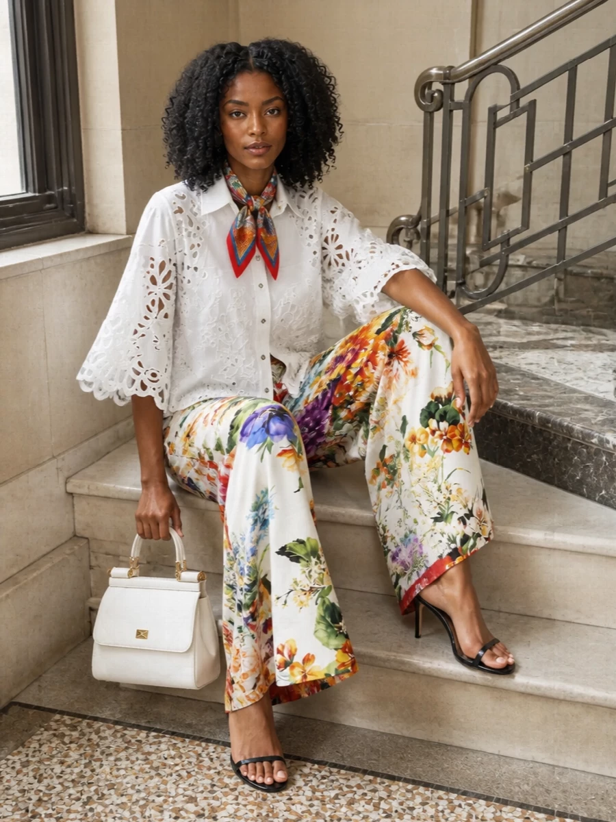 Dolce&Gabbana’s floral wide-legs are paired with a sculptural white cut-out blouse to let the print sing while keeping the mood romantic and polished. Black strappy sandals and a structured white top-handle sharpen the palette, shifting the garden-party energy into cocktail territory. A floral silk foulard adds that final hint of Italian drama, whether knotted at the handle or in the hair.