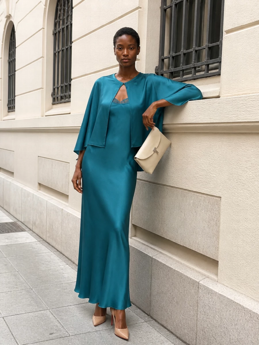 Forte forte teal satin dress metallic heels