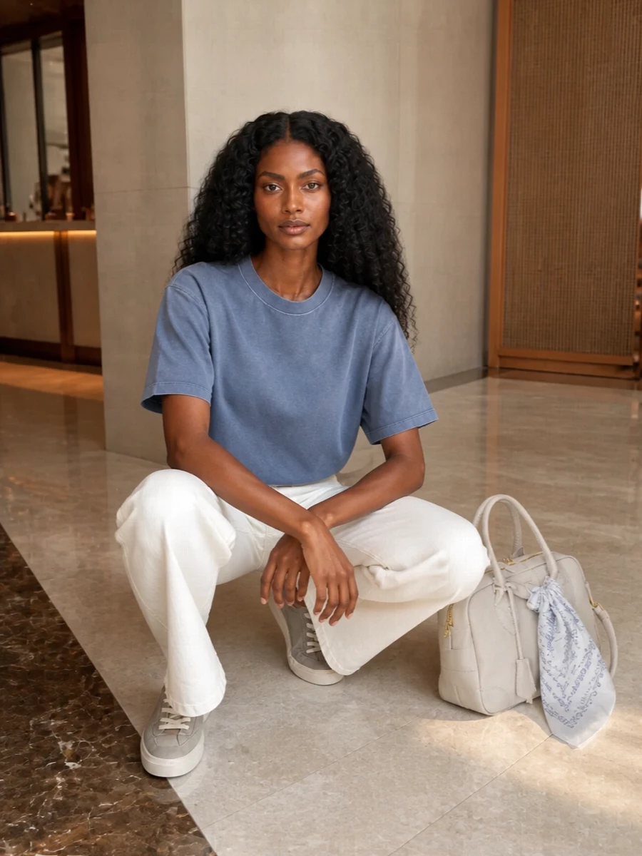 Dusty slate blue and clean off-white create a calm, modern palette that feels relaxed but considered. The boxy tee sits against a high, sweeping leg for an easy, leggy proportion. Soft neutrals in the sneakers and tote keep the focus on shape and subtle texture rather than loud color.