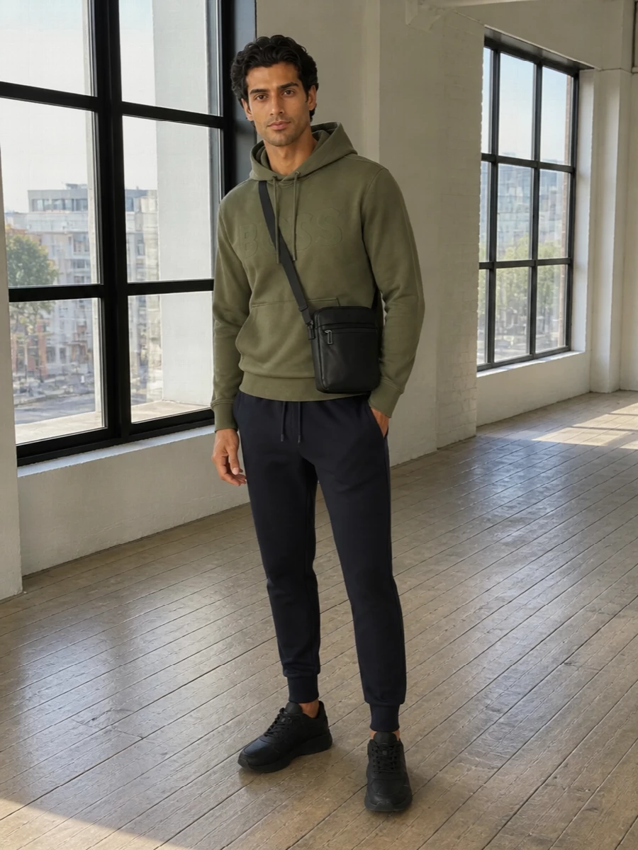 Boss olive hoodie navy joggers black sneakers