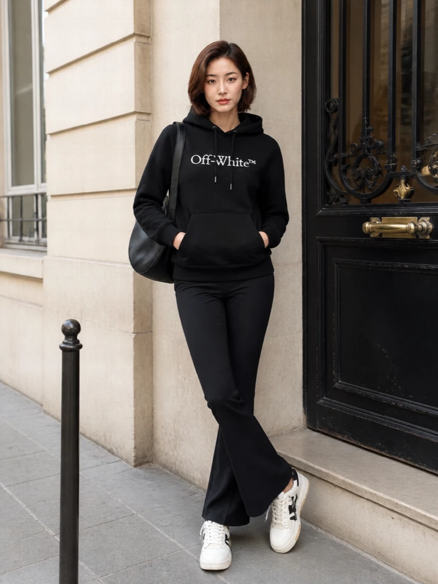Off white hoodie flares streetwear outfit