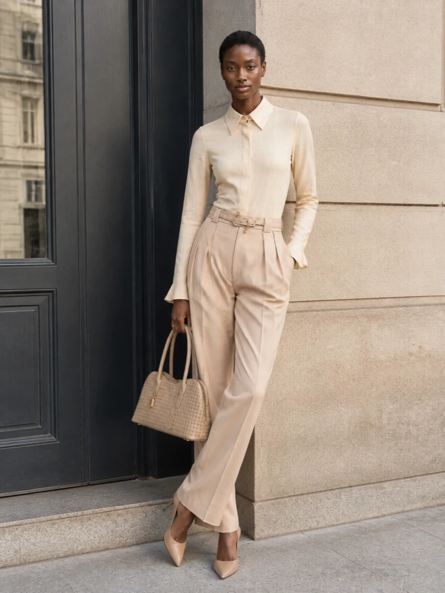 This look builds a tonal, softly sculpted column: the buttercream longline shirt tucks neatly into the high-waisted pleated trousers, letting the waist detailing and fluid tapered leg take focus. Nude Prada pumps and a structured taupe top-handle keep the palette warm and elongated, while the blush belt subtly cinches everything into a precise, quietly luxurious silhouette that moves easily from meetings to dinner.