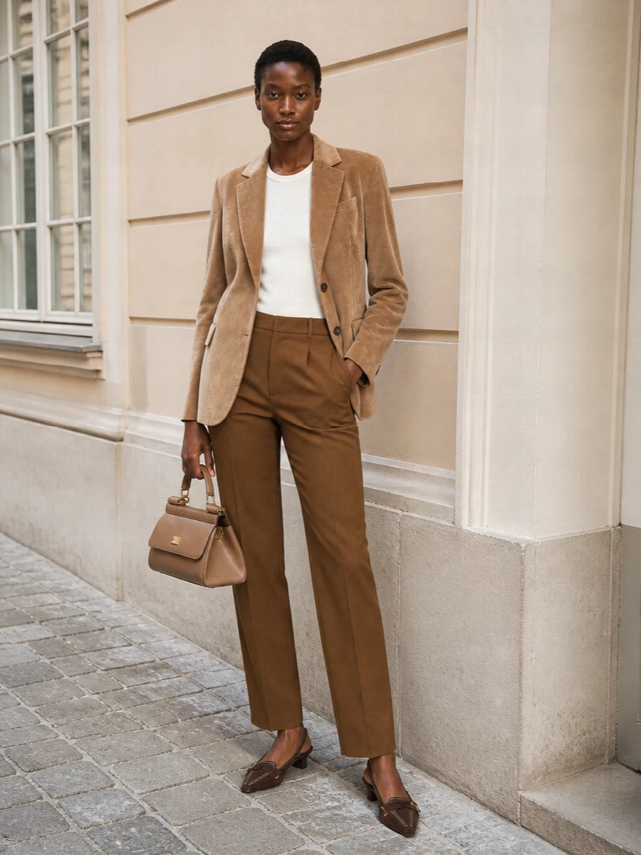 A camel Brunello Cucinelli blazer and Prada high-waisted trouser build a tonal, tailored column that feels quietly powerful beside the structured Dolce&Gabbana bag. The Tod’s chocolate slingbacks introduce just enough contrast and shine at the foot, keeping the palette warm while underlining the outfit’s boardroom-to-dinner precision. This is a calm, luxurious take on suiting that feels rich in texture but tightly edited in color.