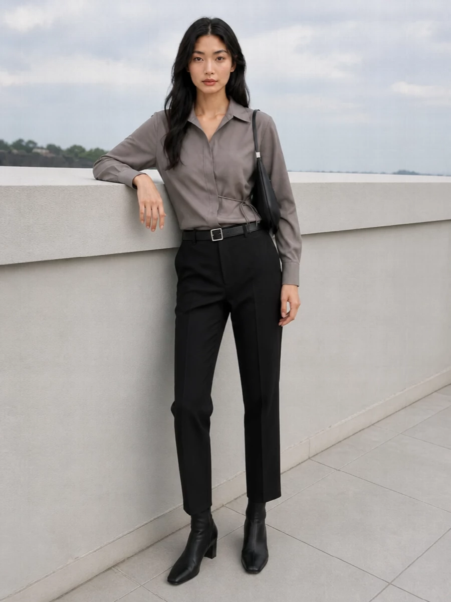 Jil sander black trousers taupe shirt outfit