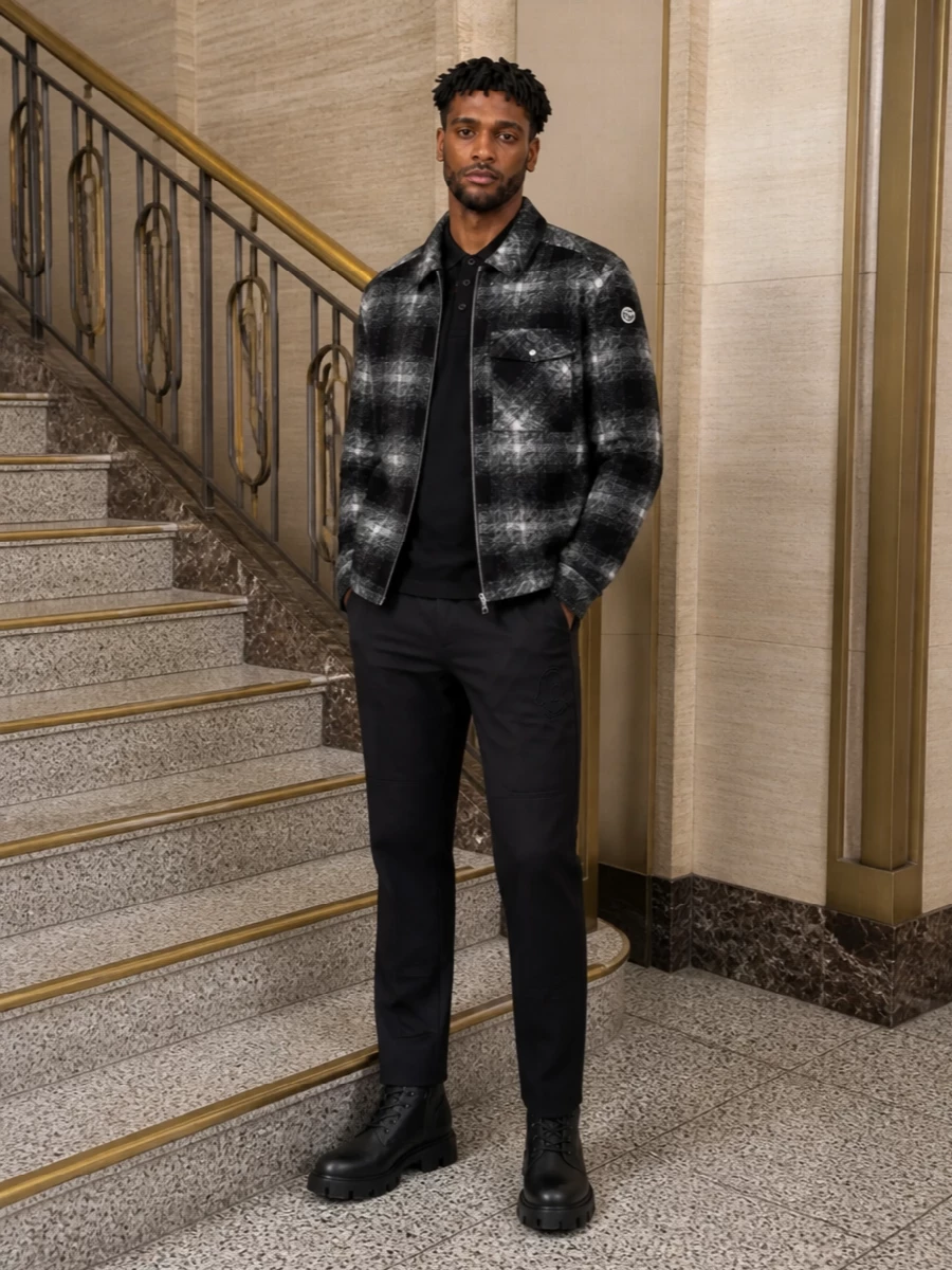 Moncler checked shirt jacket black trousers outfit