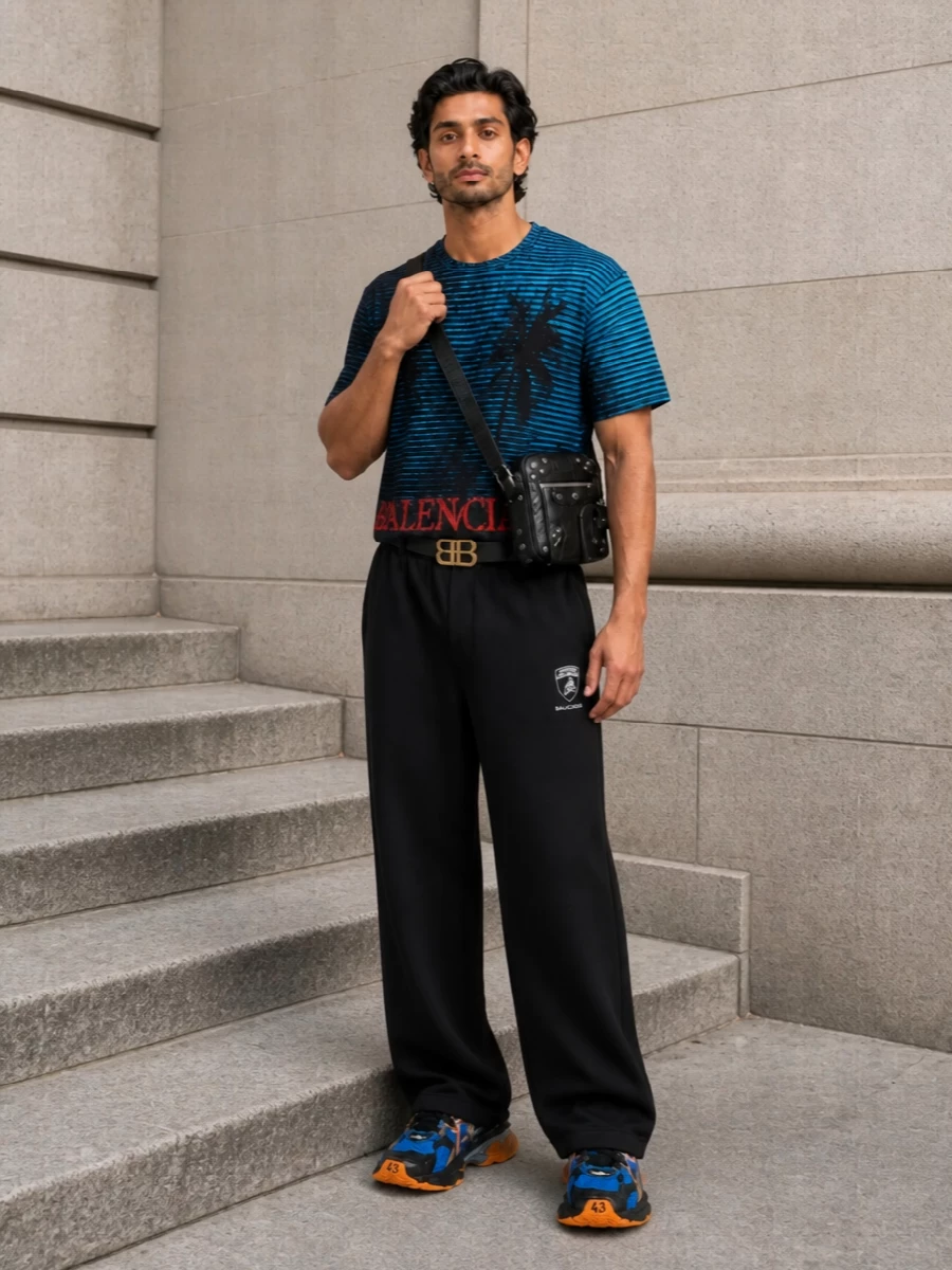 Balenciaga graphic tee wide leg track pants runners