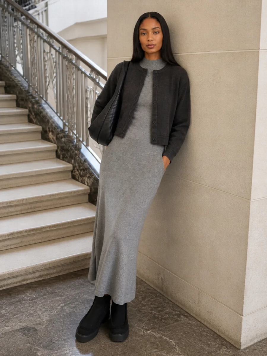 Lisa yang cardigan grey knit midi dress outfit