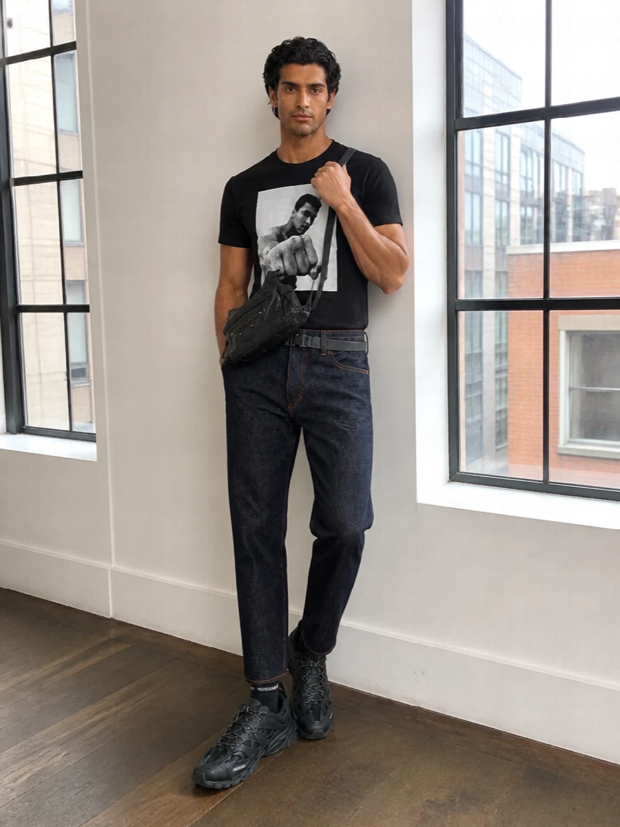 Sacai graphic tee raw indigo jeans balenciaga