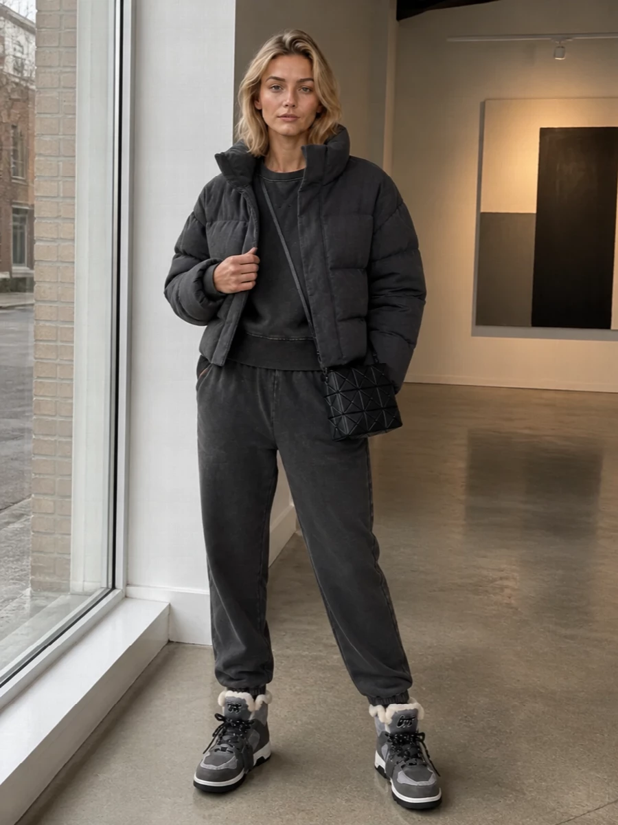 Entire studios charcoal puffer grey joggers outfit