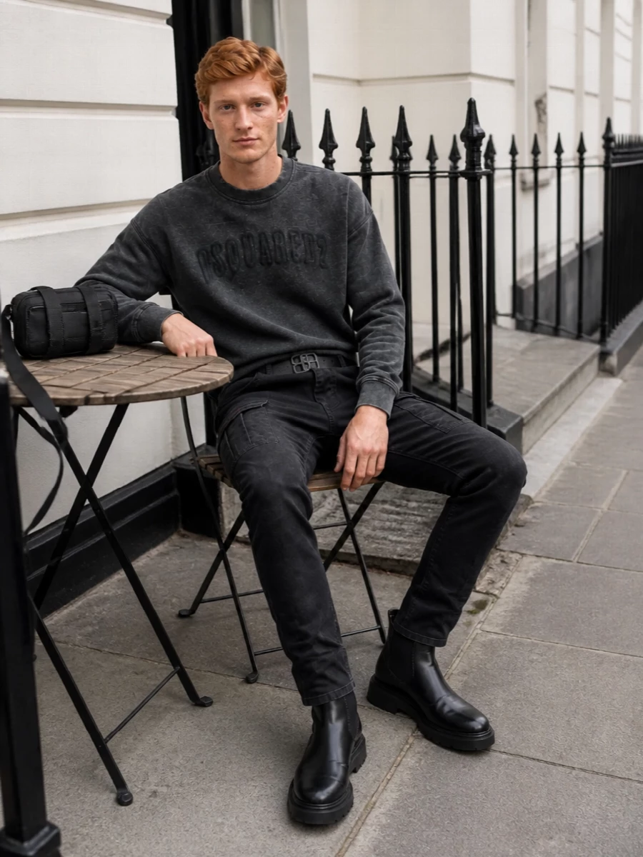 Dsquared2 cargo pants black chelsea boots outfit