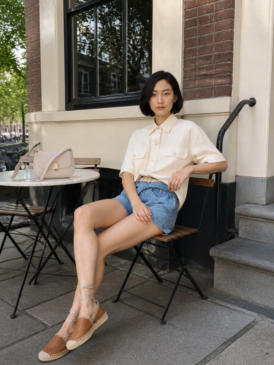 Minimalist utility goes soft and polished here, with creamy shirting playing quietly against the light-wash paperbag short. Tan espadrilles keep it grounded and easy, while a blush baguette and slim cream belt add just enough structure and finesse for city days that run long. Wear the shirt lightly half-tucked and loosely belted so the waist detail still does the talking.