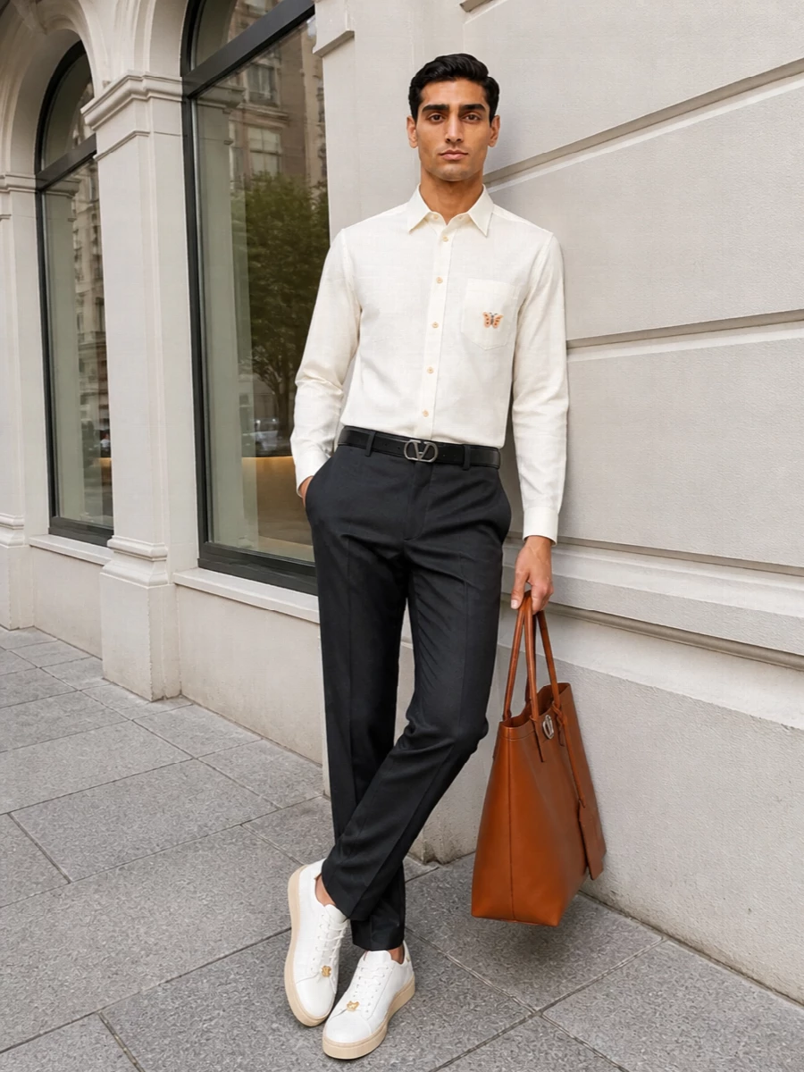 Valentino ivory shirt charcoal trousers tan tote