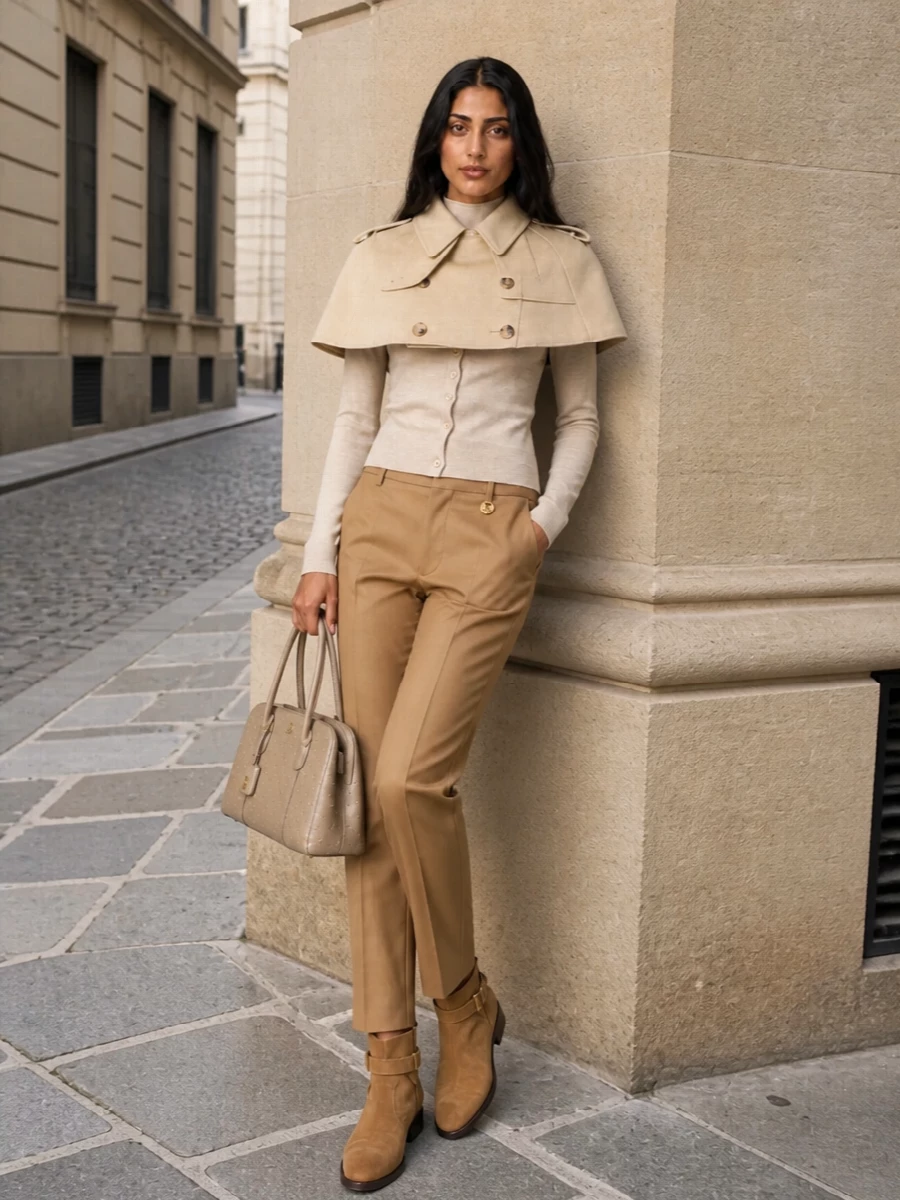 I’m styling the cropped Burberry trench cape with a slim, light-beige cardigan and sharply tailored camel trousers to keep the focus on the sculptural shoulder line while elongating the silhouette. Camel suede ankle boots and a structured taupe top‑handle bag deepen the tonal story, delivering a coherent, heritage-inflected SS look that reads quietly luxurious and modern. Choosing top + trouser instead of a dress lets the cape function as a true outerwear hero, echoing its original styling and maintaining crisp, tailored proportions.