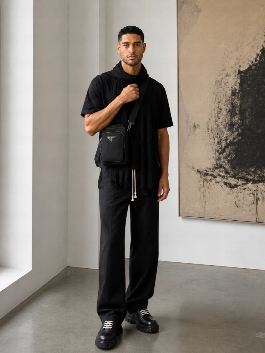 Rick owens black tee straight trousers derby shoes