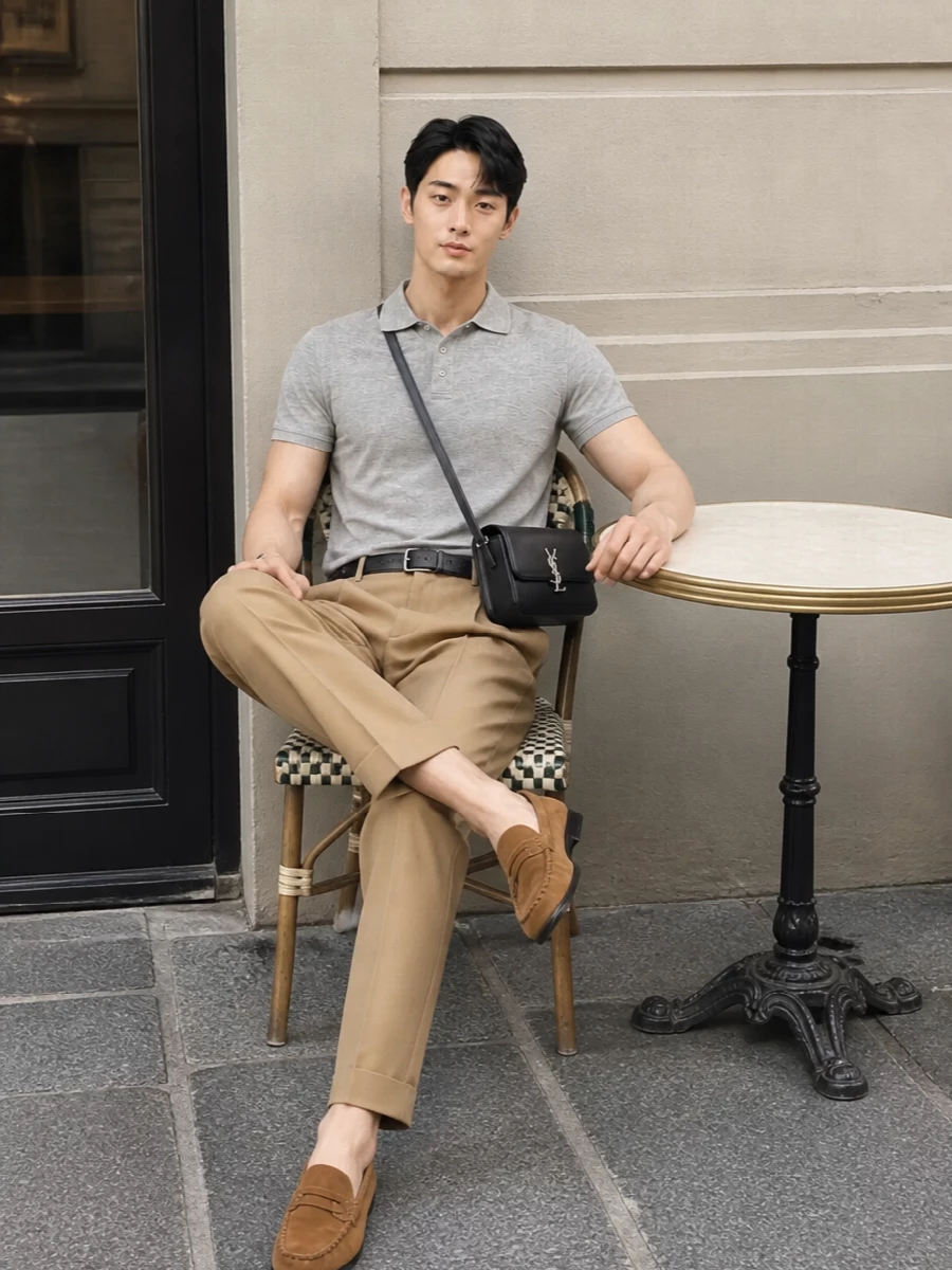 Saint laurent polo camel pleated trousers outfit