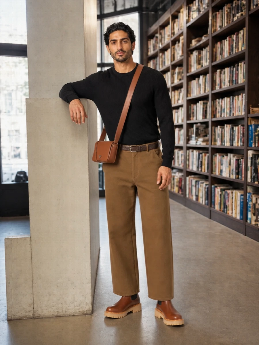 Moschino camel trousers prada chelsea boots outfit