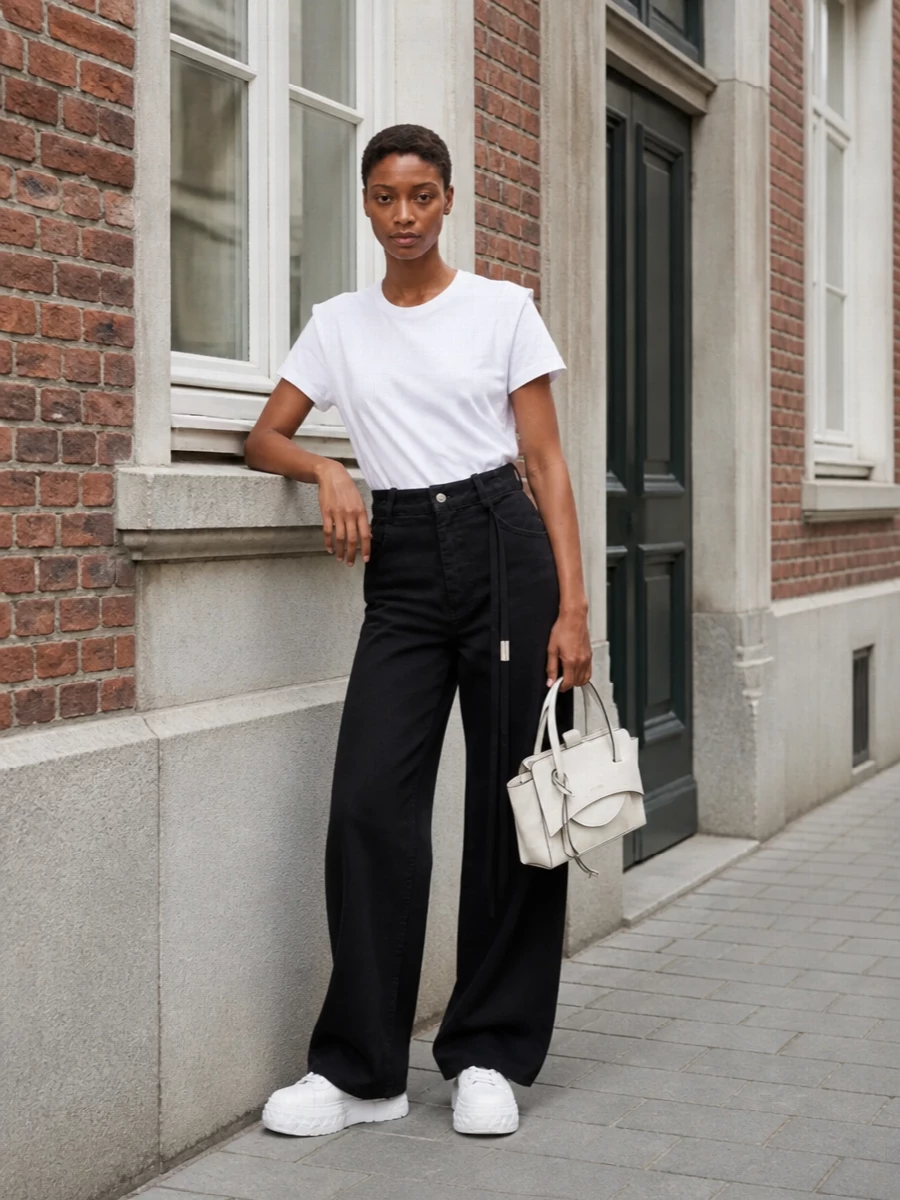 A sculpted white tee meets high-waisted black wide-legs for a graphic, easy uniform that still reads considered. Clean white sneakers keep it modern and relaxed, while the chalk mini top-handle adds a precise, architectural note. The result is quietly confident daywear that moves from studio hours to dinner without needing a change.