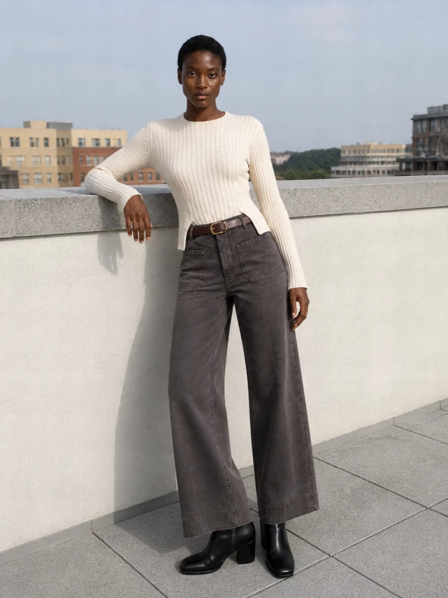 Victoria beckham wide leg jeans cream knit boots