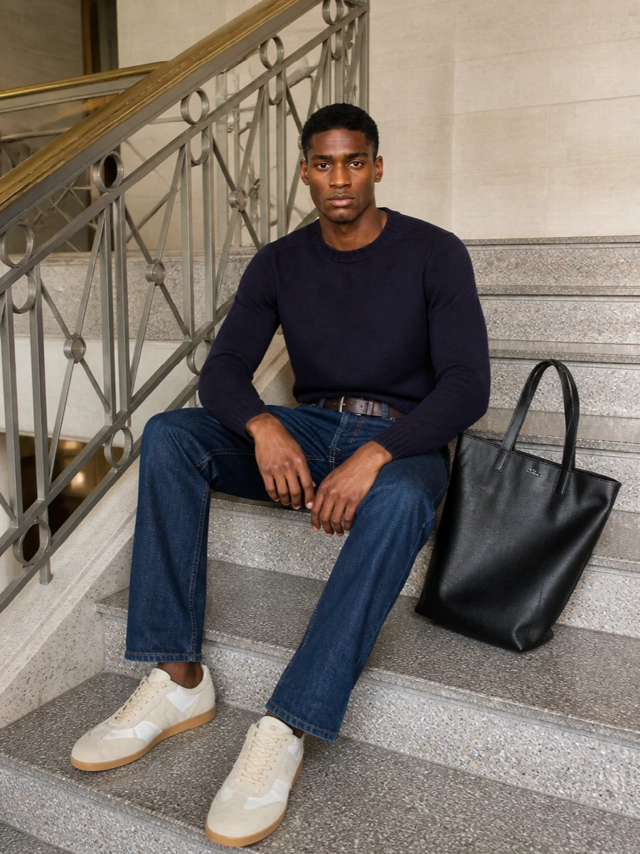 Dark indigo denim with a neat navy crew knit creates a clean, quietly polished base that works from desk to dinner. Off-white vintage runners introduce just enough contrast and ease, while the dark leather belt and black tote keep the whole combination sharp and unfussy. It is a minimal, city-ready uniform that still feels considered in every detail.