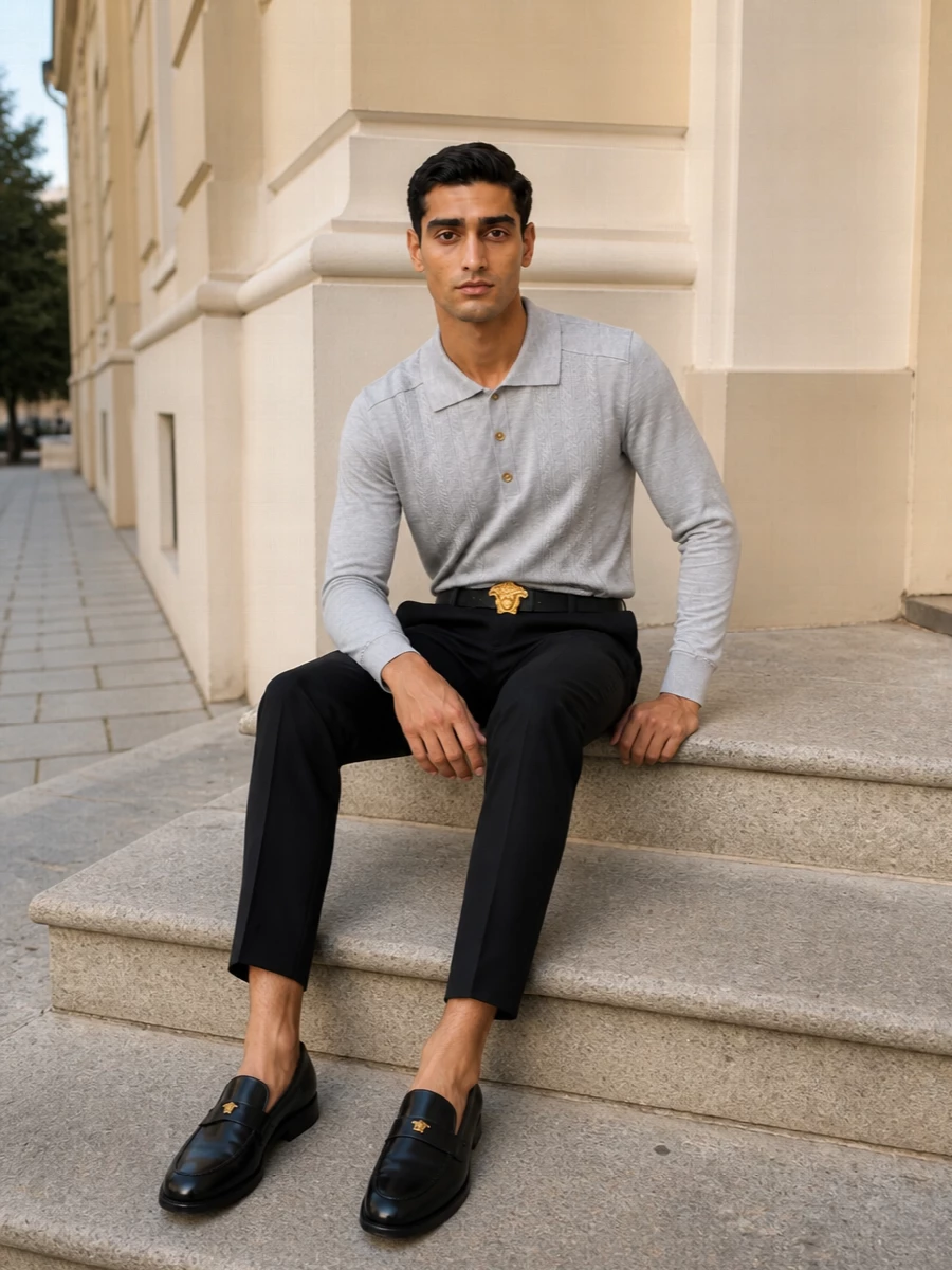 Versace grey knit polo black tailored trousers