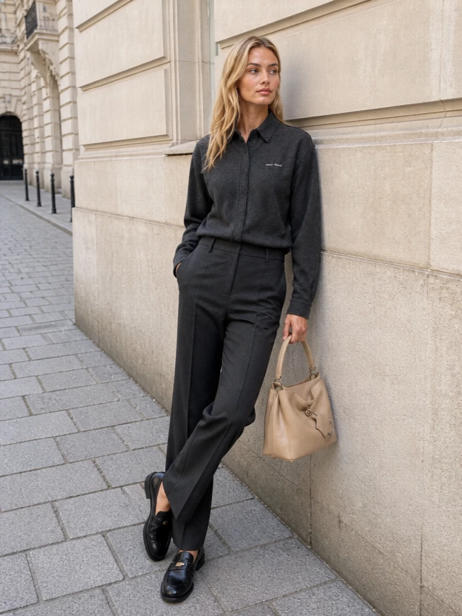 A plush charcoal Miu Miu shirt is paired with equally refined charcoal suiting trousers for a long, tonal line that feels modern and quietly powerful. Black loafers bring a sharp, collegiate edge at the base, while the nude-beige structured satchel softens the palette just enough, keeping the whole look clean, minimal, and unmistakably luxe for SS city dressing.