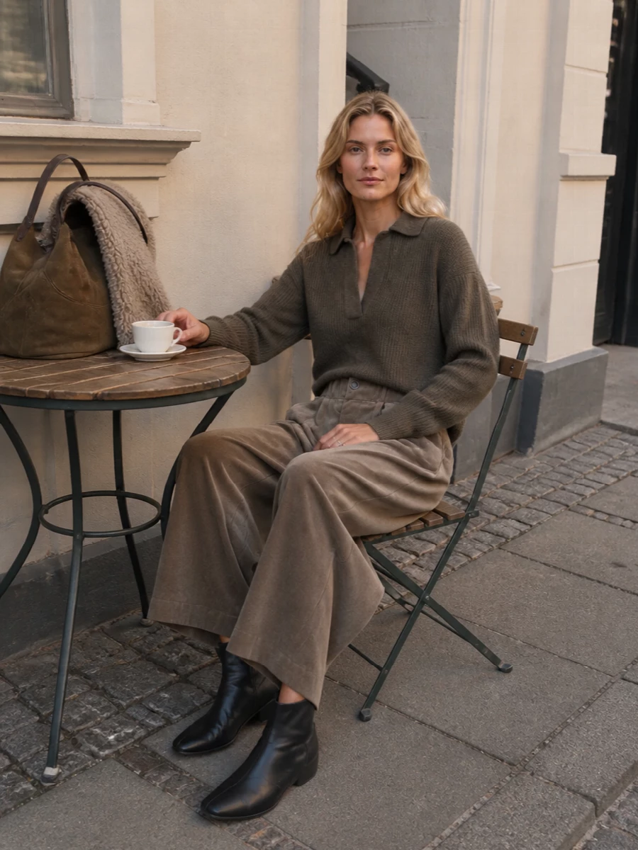 Uma wang sweater taupe wide leg pants outfit