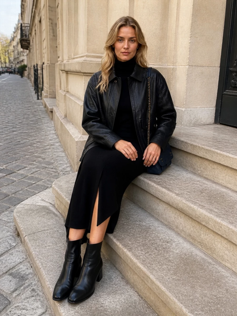 Parosh black knit midi dress leather jacket outfit