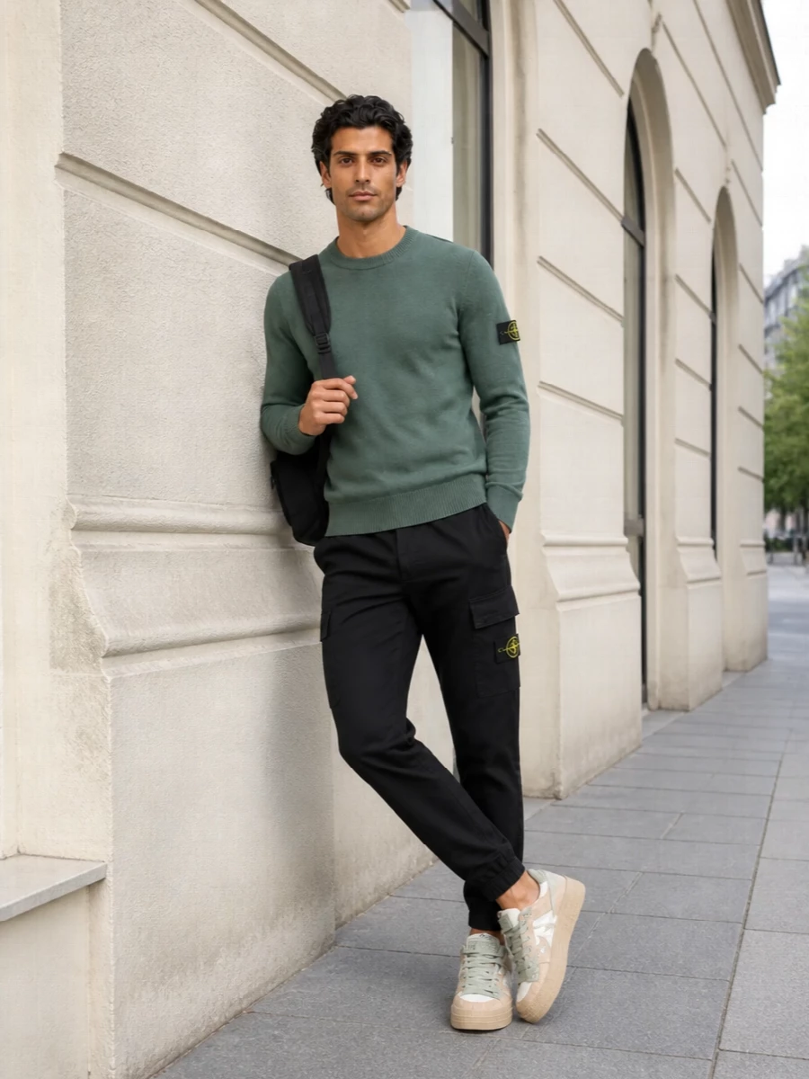 Stone island sage knit black cargo joggers outfit