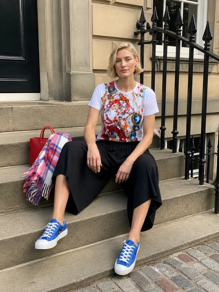 Comme des Garçons’ jewel-print tee sits above fluid black culottes for a graphic, art-school spin on streetwear. Cobalt Play sneakers echo the tee’s stones, while a sharp red mini tote and tartan scarf inject controlled hits of colour without crowding the print.