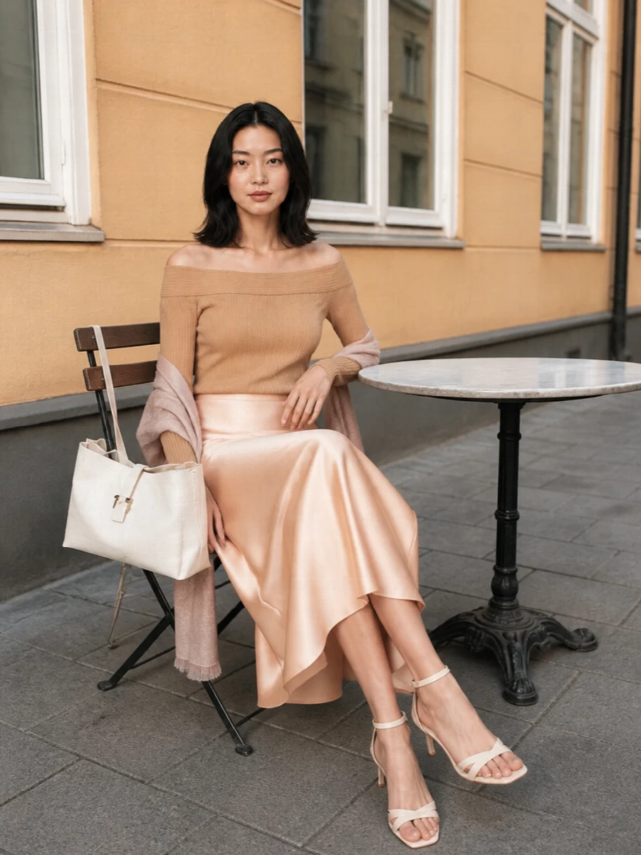 Camel rib knit and peach satin meet in a soft tonal pairing that feels sensual yet discreet. The high-waisted midi and ankle-strap heel quietly lengthen the line, while the ivory bag and blush wrap keep the palette light and polished for warm evenings. It is an easy, romantic way to dress up neutrals without slipping into drama or contrast.