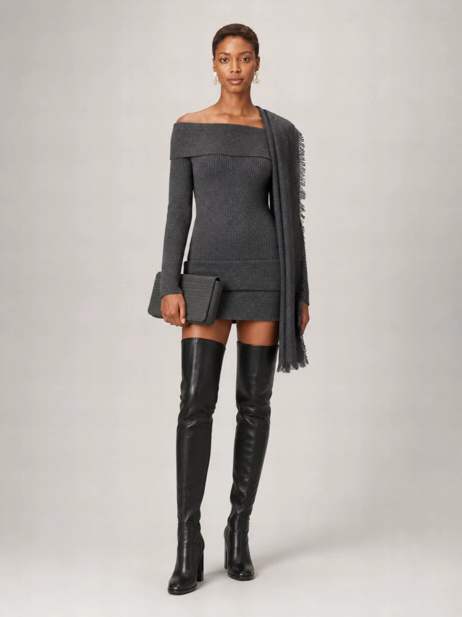 Jean Paul Gaultier Wool Off-Shoulder Long-Sleeve Mini Dress