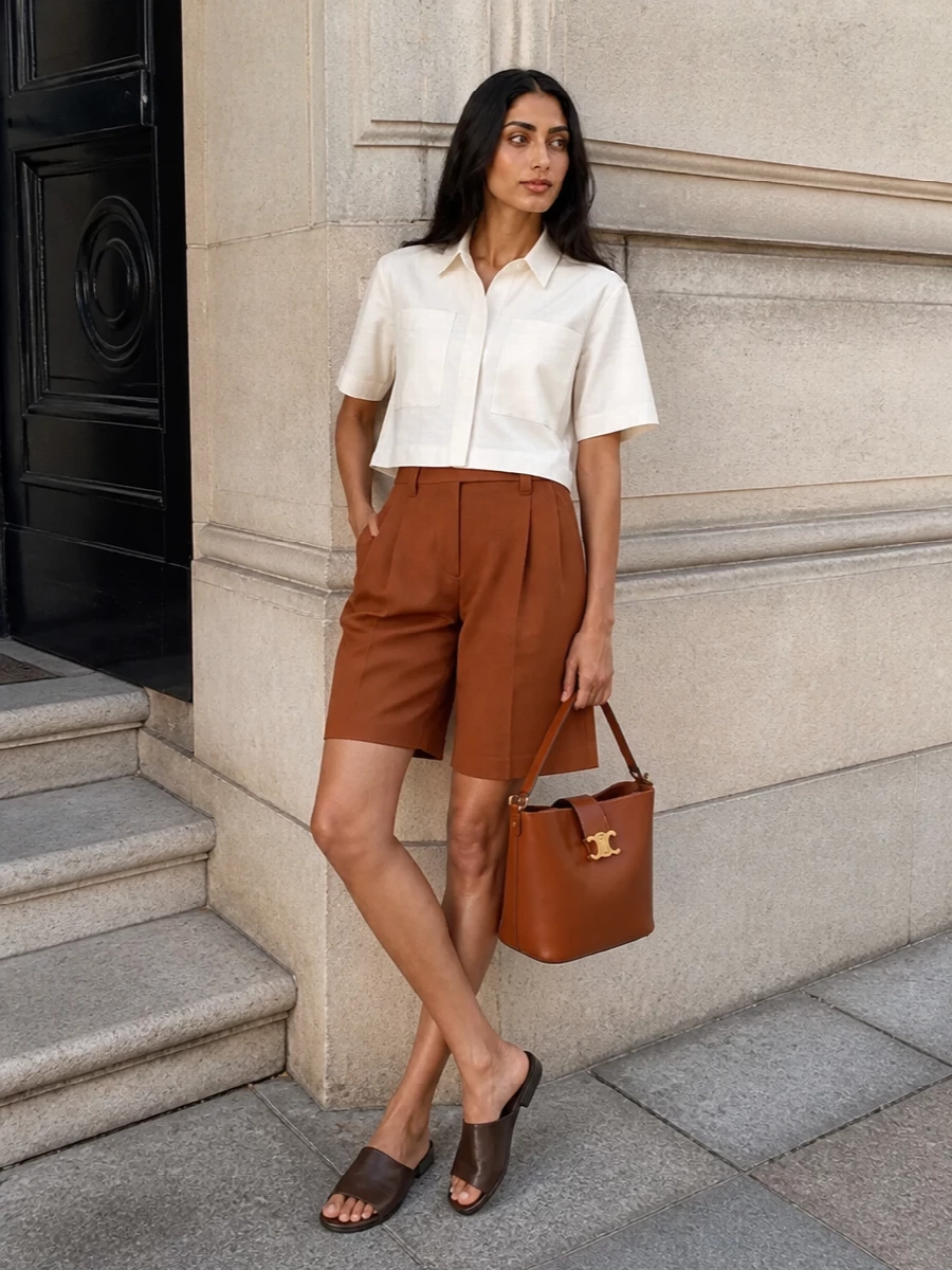 Cinnamon tailoring shorts are sharpened with a crisp cropped ivory shirt, creating a clean column of warm neutrals that feels both modern and assured. Dark chocolate slides keep the mood relaxed yet polished, while the cognac Celine bucket adds a sculptural hit of leather that quietly underscores the luxurious, city-ready ease of the look.