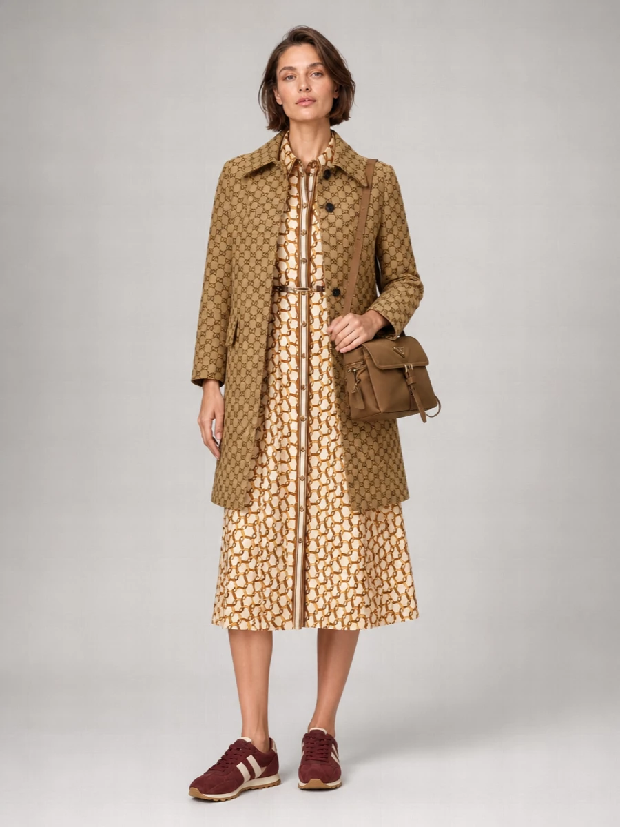 I am taking the dress route here, letting a single fluid printed midi work under the Gucci monogram rather than adding another blazer and trouser layer that would feel over-tailored. The Zimmermann shirt dress, vintage-style runners and pragmatic Prada shoulder bag create a camel-centric city uniform that feels graphic, heritage and quietly sporty at once. It is the kind of mix where the coat stays the hero, and everything else just gives it movement and ease.