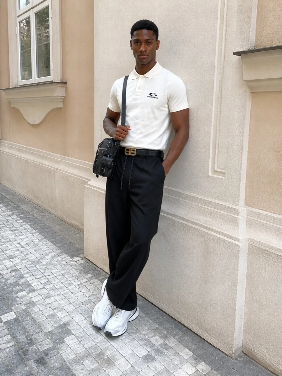 Balenciaga polo black drawstring trousers outfit