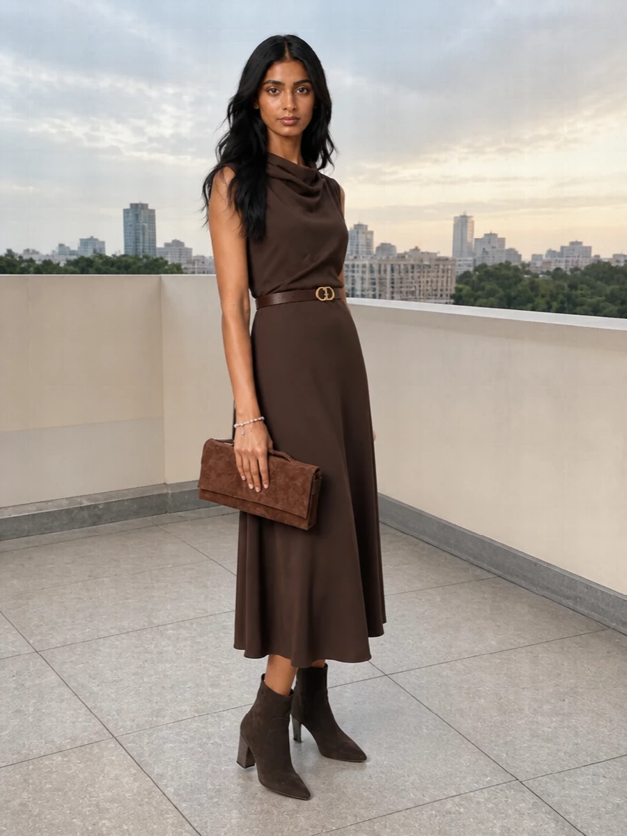 Brunello cucinelli brown midi dress evening style