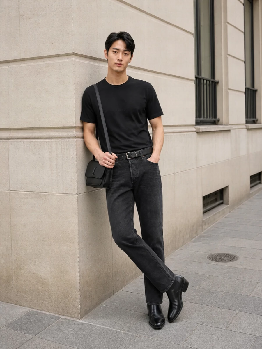 This look builds a quintessential Saint Laurent uniform around the black tee: washed-black straight-leg denim keeps the line relaxed but sharp, with just enough fade to add dimension to the monochrome palette. Sleek black Chelsea boots refine the silhouette and elongate the leg, while a structured black crossbody and slim YSL belt introduce subtle hardware and structure for a coherent, quietly luxurious city outfit.