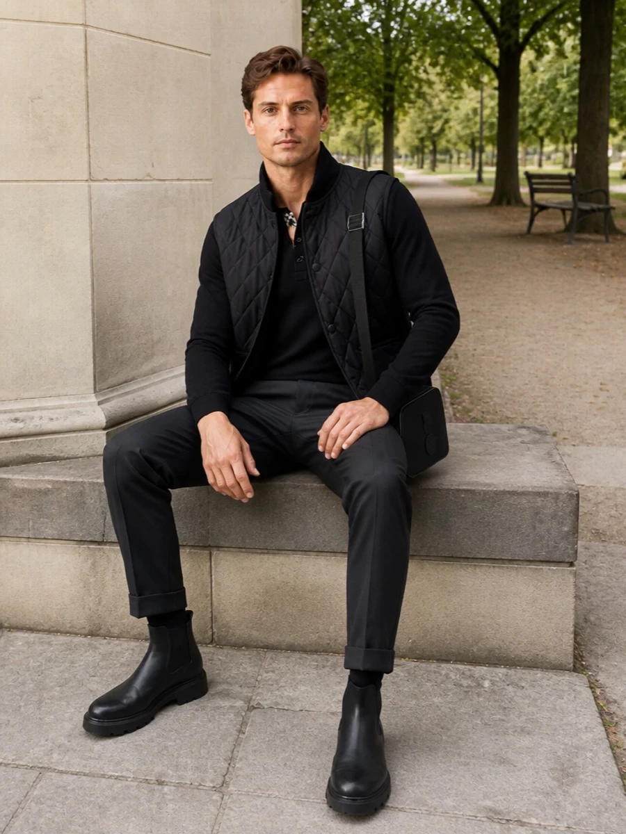 Burberry quilted gilet charcoal trousers outfit