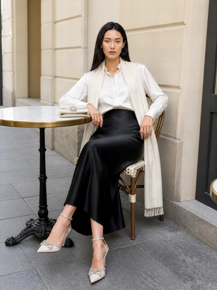 An ivory satin shirt meets a high-waisted black satin midi skirt for a restrained take on evening monochrome. Crystal-trimmed ivory heels and a champagne satin clutch add light-catching detail without overwhelming the clean lines. The result is polished, modern and quietly dramatic for winter nights out.