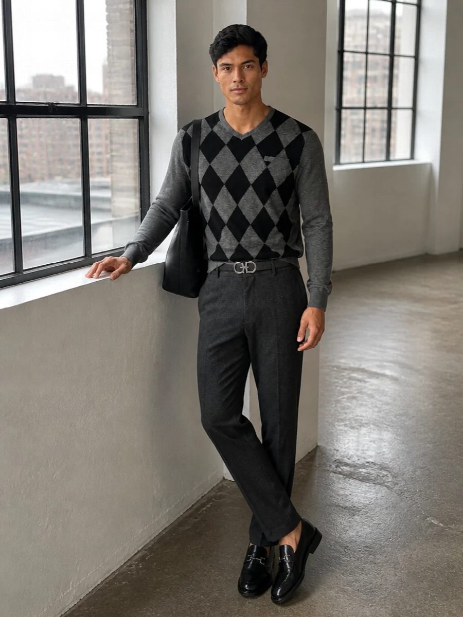 Ferragamo argyle sweater prada charcoal trousers