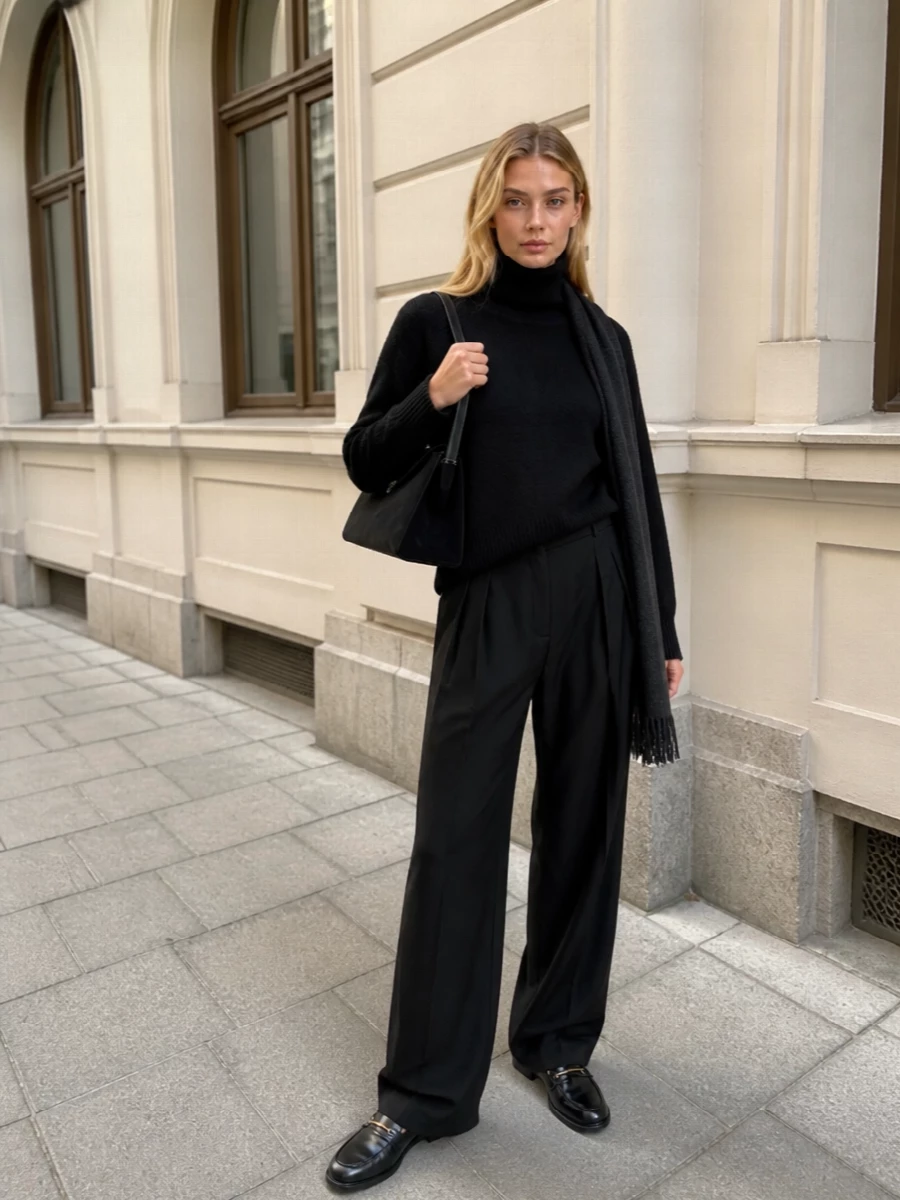 Loulou studio black turtleneck wide leg trousers