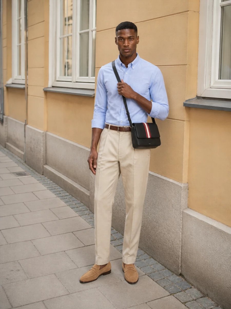Stone pleated chinos with a light blue button-down set a crisp, collegiate base that works for everything from casual office days to weekend lunches. Sand suede penny loafers keep it relaxed but smart, while the dark leather belt and structured crossbody pull in just enough polish for an urban, grown-up take on prep. The result is clean, breathable and quietly confident without feeling stiff.
