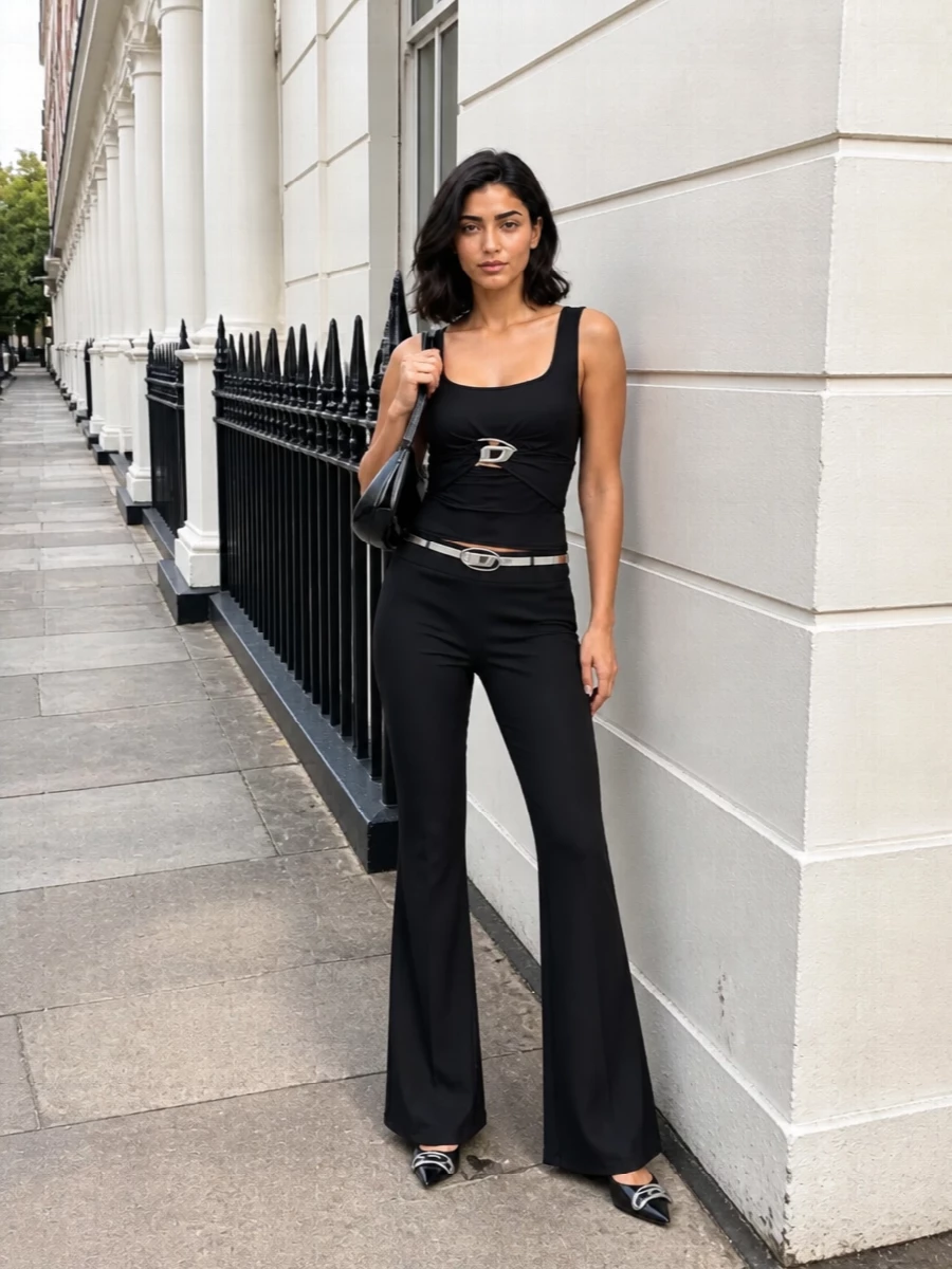 Diesel black flared pants satin tank outfit