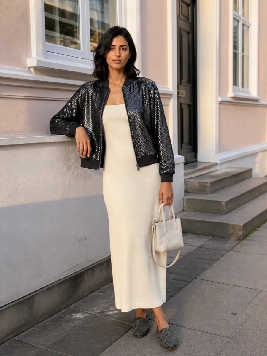 Brunello cucinelli sequin bomber ivory midi dress