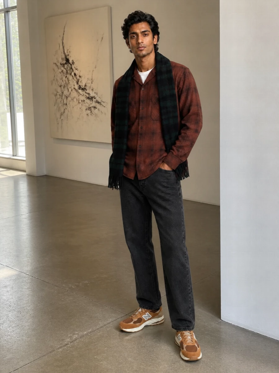 Needles overshirt washed black jeans outfit