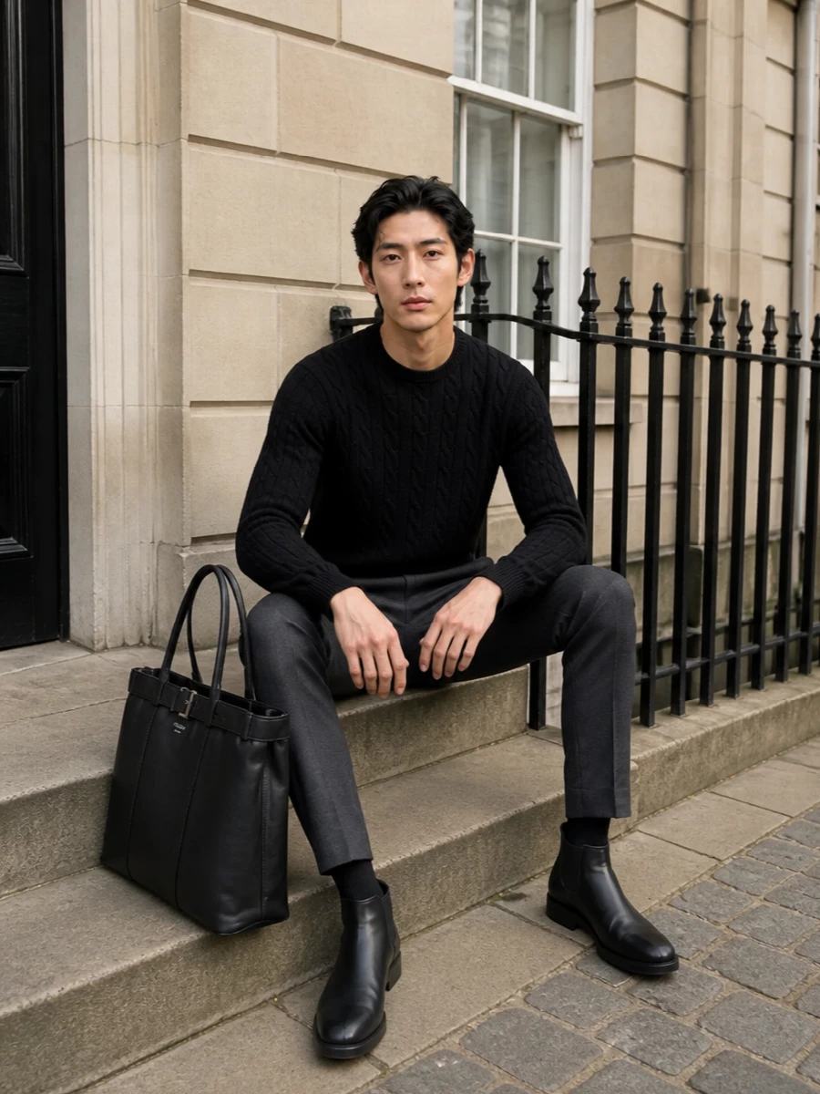 Prada black cable knit charcoal trouser outfit