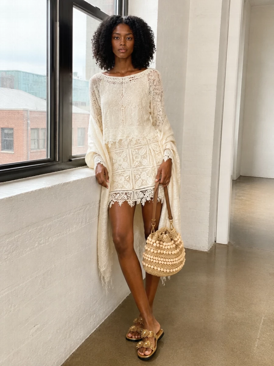 An all-ivory story keeps the crochet mini front and centre, pairing it with a sheer lace top so the set reads like a single, romantic piece rather than separates. Gold-accented flat slides and a beaded raffia tote lean into sunlit boho glamour, ideal for moving from late lunch to seaside drinks. A whisper-light neutral stole finishes the mood, softening the bare legs and adding just enough movement around the shoulders.